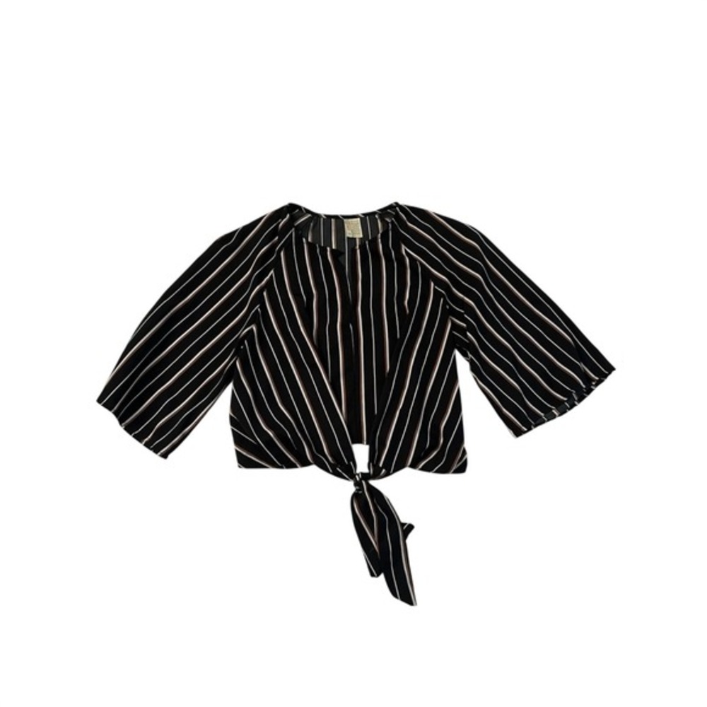 Japna Womens Black White Striped Tie Front Crop Top Wide Sleeve Size M